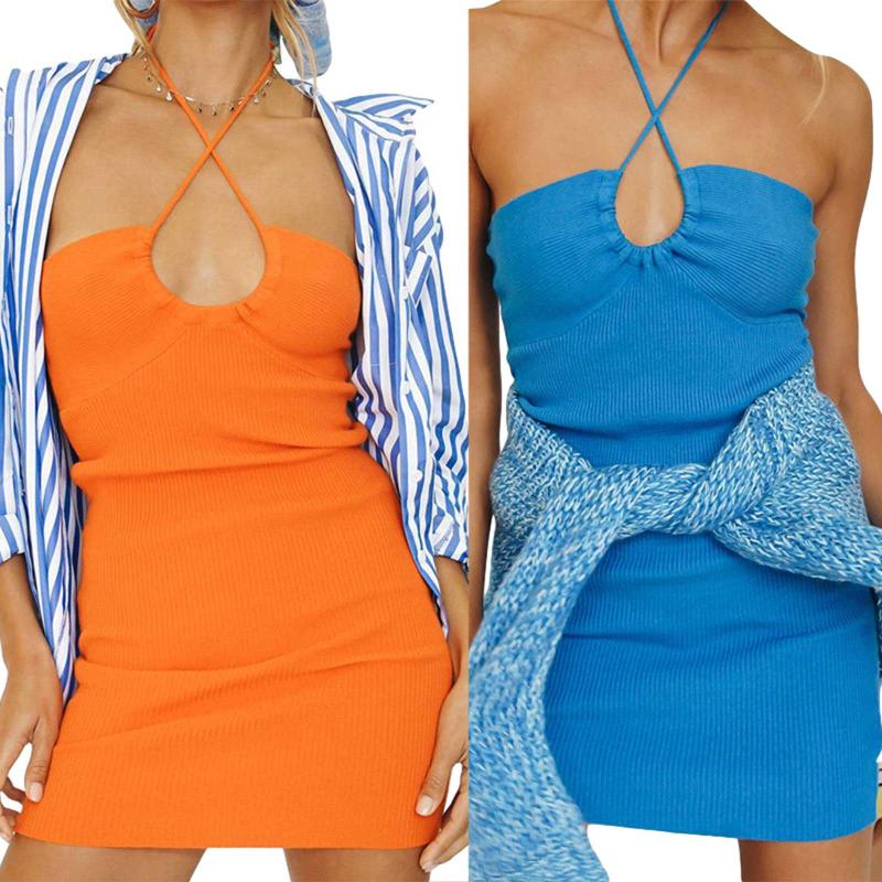 

Women' Swimwear Women Slim Fit Dress Adults Sleeveless Tie Up Low Cut Solid Color Cross Halter