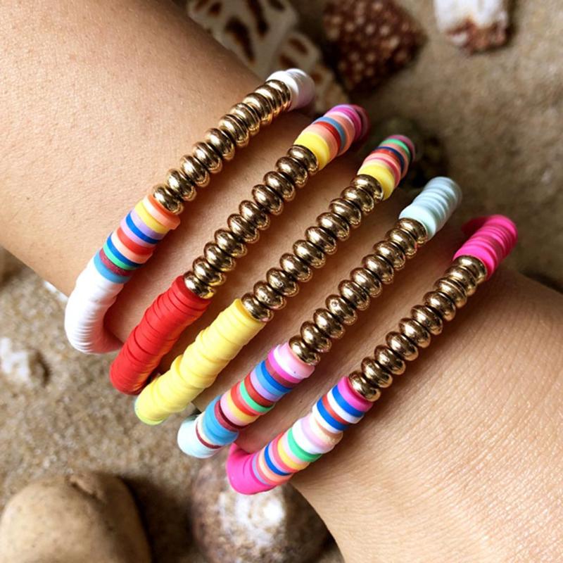 

5Pcs Boho Cute Rainbow Enamel Beads Stretch Bracelet Colorful Fashion Multicolored Tile Mixed Surf Beach Jewelry Gift Charm Bracelets