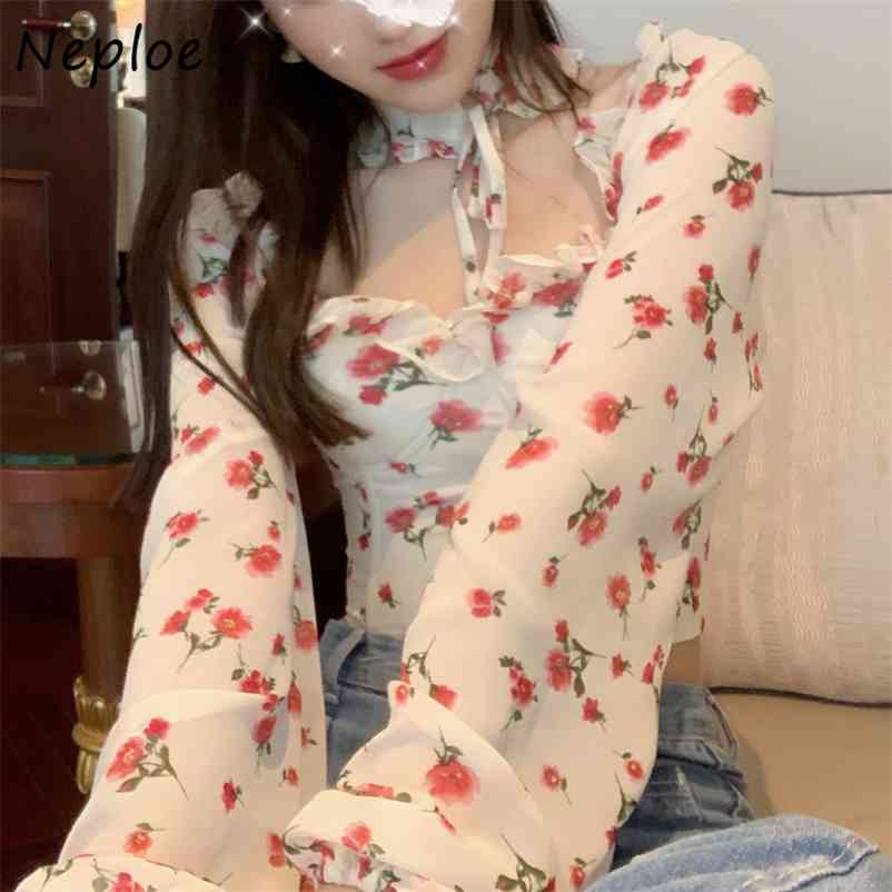 Kuzuwata Sexy Short Hollow Out Lumber Blouse Women Square Collar Long Sleeve Pullover Blusas Vintage Print Slim Fit Shirt femme 210422Z