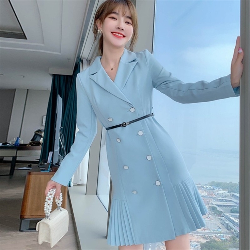 

Spring Vintage Blazer Dresses For Women Double Breasted Slim Pleated Elegant Office Ladies Dress With Belt Femme 210519, Photo color