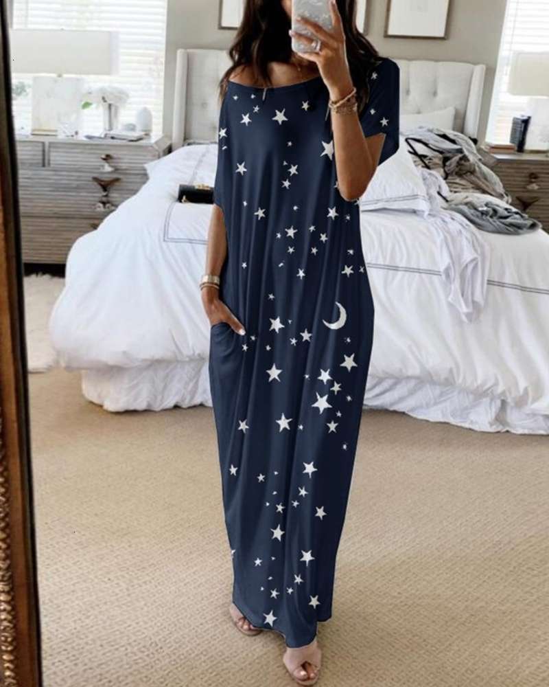 

Casual Dresses women' star moon print short sve long drs, Black