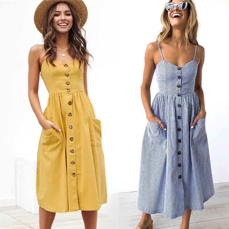 

Summer 2021 Vintage Casual Sundress Female Beach Dress Midi Button Backless Polka Dot Striped Women Dress Boho Sexy Floral Dress, Ts-8007 small blue