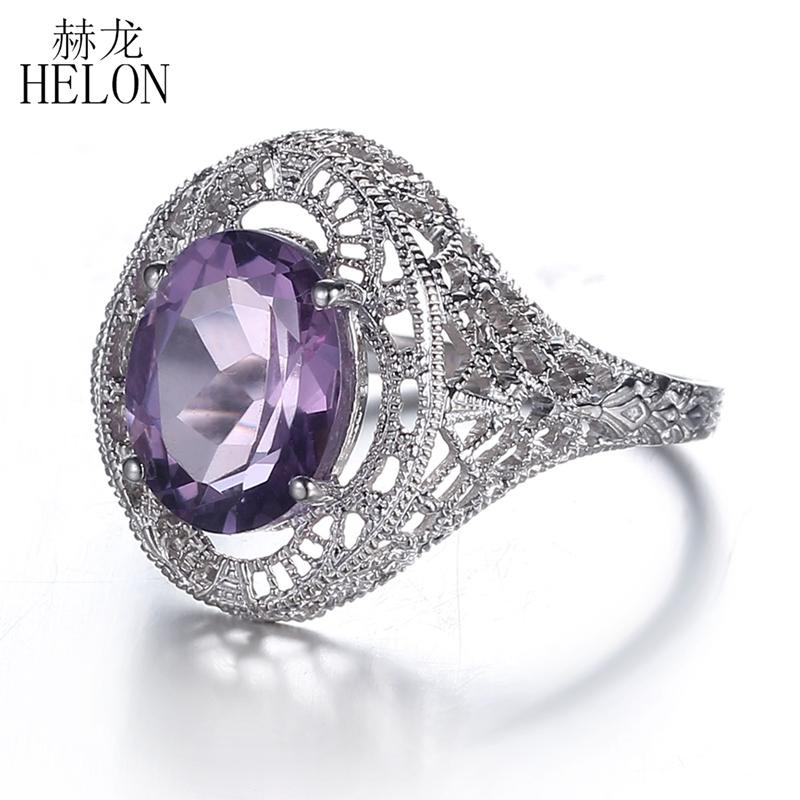 

Cluster Rings HELON 925 Sterling Silver 10X8mm Oval Natural Amethyst Ring Vintage Antique Engagement Wedding Gemstone Women Party Jewelry, Golden;silver