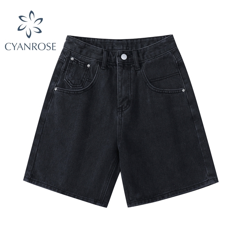 

Summer High Waist Denim Short Casual Loose Ladies Fashion Plus Size Button Wide Leg Short Jeans Female 210629, Black