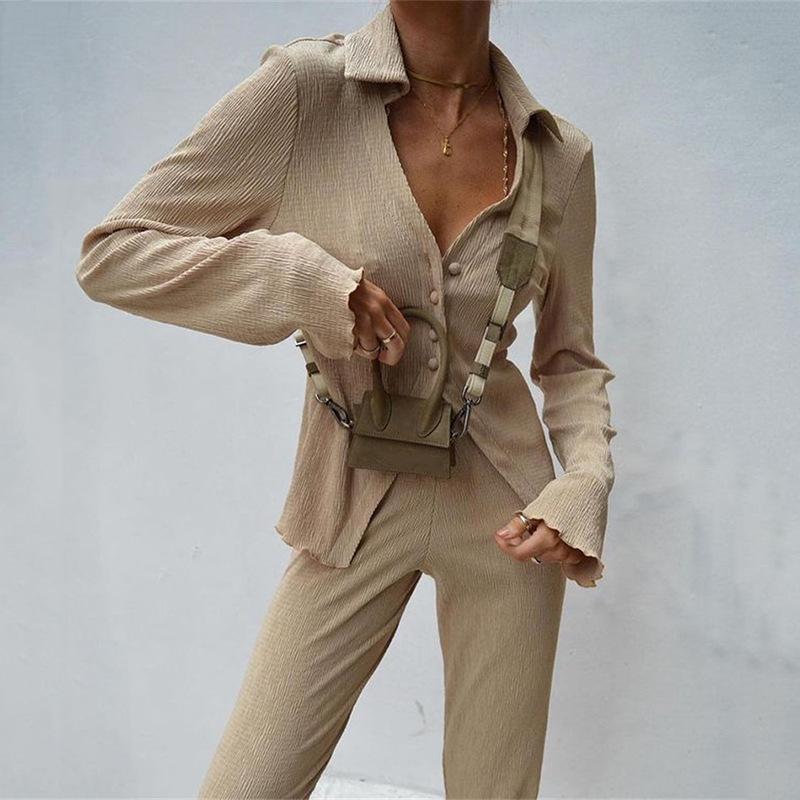 

Women' Two Piece Pants Autumn Winter Women Set Casual Long Sleeve Top Shirts Khaki And Wide Leg Loose White Outfit Female Clothing