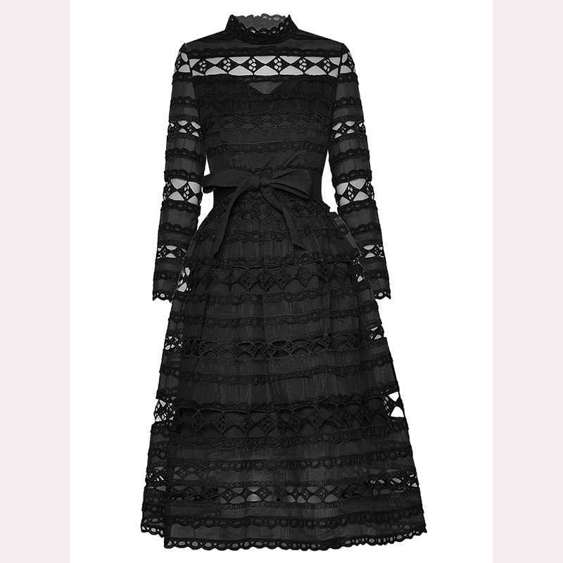 

HIGH QUALITY est Fashion Runway Dress Women's Standing Collar Long Sleeve Hollow Perspective Temperament 210526, Black