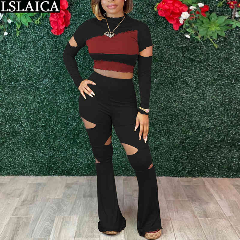 

Matching Sets for Women Hollow Out Patchwork 2 Piece Set Elastic Waist Fashion Skinny Exposed Navel Ubrania Damskie 210520, Gray