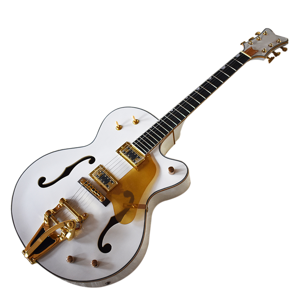 

6 Strings White Semi-hollow Electric Guitar with Big Tremolo,Rosewood Fretboard