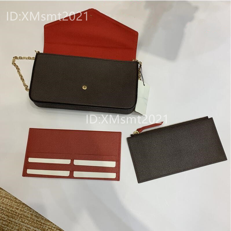 

3 pcs/set favorite multi pochette accessories women Crossbody Purse Messenger bags Handbags Flowers shoulder lady Leather with box, Brown flower-pink