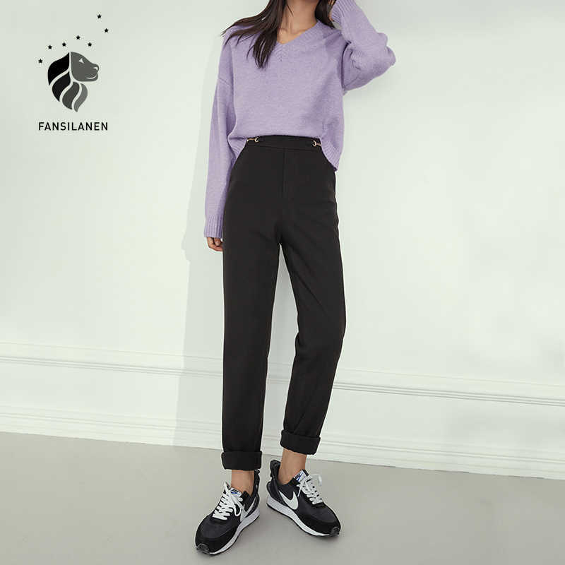 

FANSILANEN Wool blend chain casual pants Women black high waist trousers Autumn winter female white vintage bottom 210607