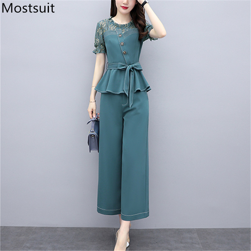

Summer Chiffon Office Two Piece Sets Outfits Women Lace Spliced Belted Tops + Wide Leg Pants Suits Fashion Elegant 210518, Green