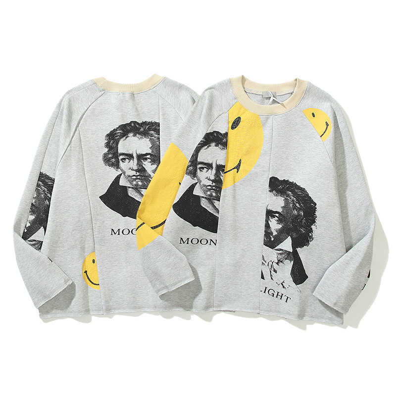

hirata and kapital hong beethoven portrait printing mens and womens same long sleeve pullover couple plush sweater trend, Gray
