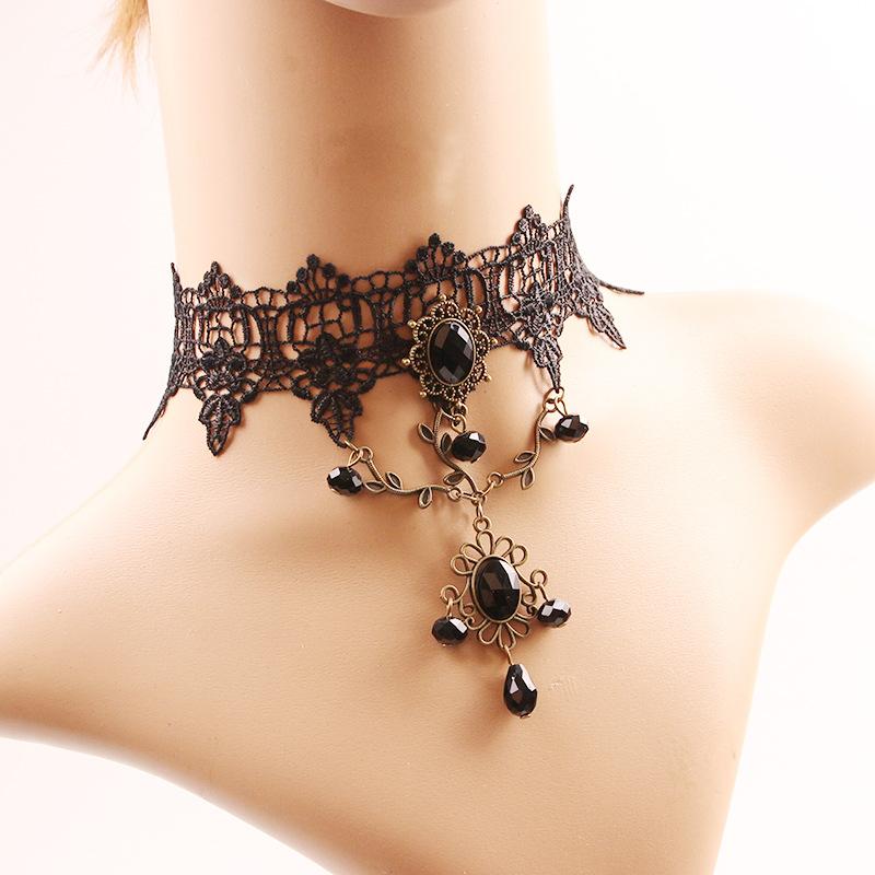 

Pendant Necklaces Necklace Ladies Retro Black Crystal 2021 Lace Chains, Silver