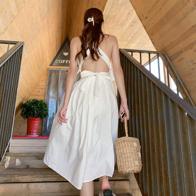 

VANOVICH Sleeveless Backless Dress Women Sexy Summer Europe Cotton Ladiees Solid Color Clothing 210615, White