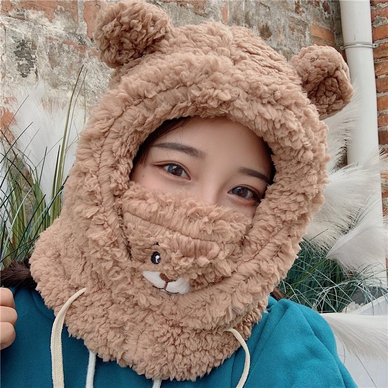 

Berets Plush Winter Hat Female Autumn And Cute Bear Ear Riding Protection Warm Sweet Bomber, White