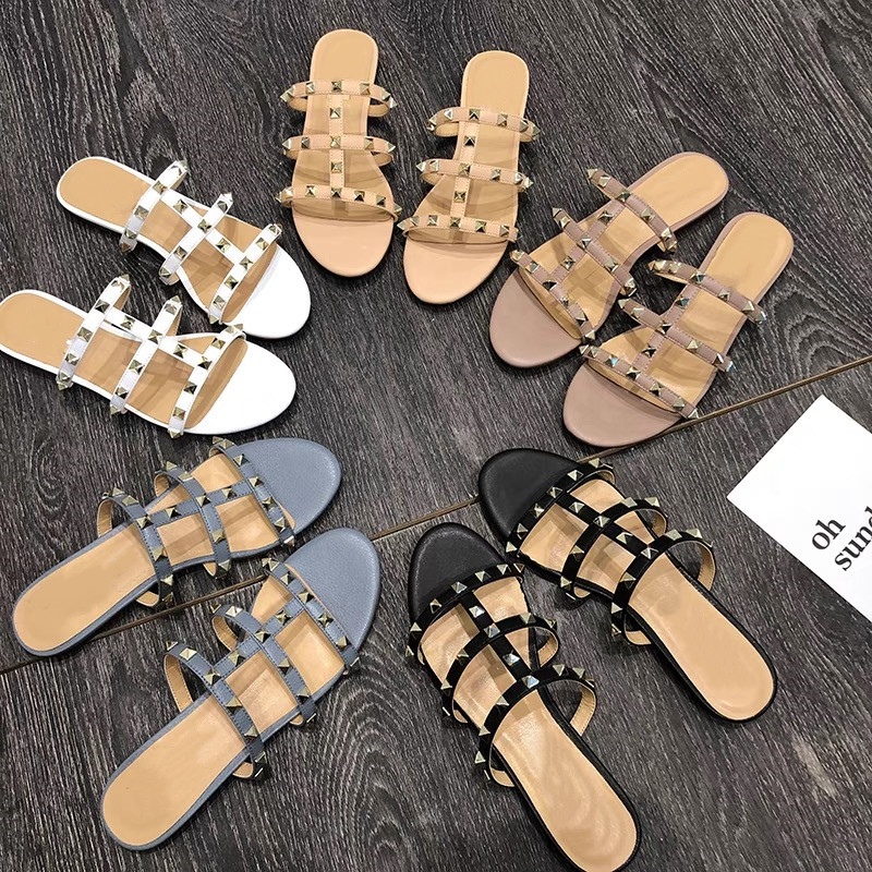 

Luxury Designer Slides Womens Flat Rivet Valen Espadrilles Shoes Casual Sandals Leather Flat Slippers for Women Flip Flop 35-43, V 3