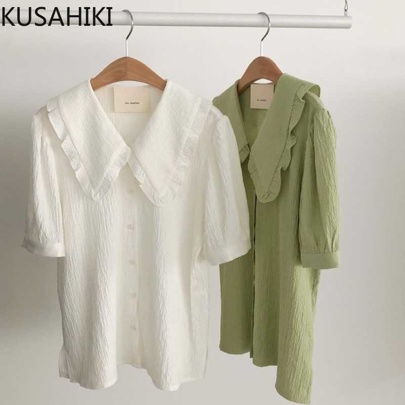 

KUSAHIKI Chic Summer Woman Shirts Causal Peter Pan Collar Short Sleeve Blouse Tops Korean Solid Blusas De Mujer 6J686 210602, Green