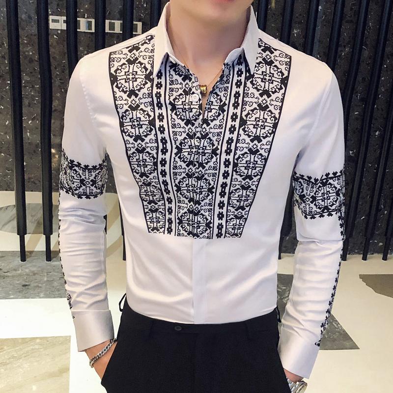 

Mens Retro Contrast Print Wedding Shirts 2021 Splicing Shirt For Men Flower Party Vintage Camisa Social Masculina Men's Dress, Black