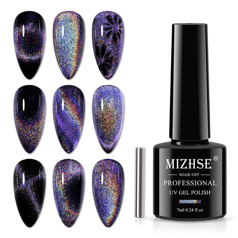 

Nail Gel MIZHSE 7ML Rainbow Holographic Cat Eye Polish Universal Soak Off UV Lacquer Color Varnish For Art, Red;pink