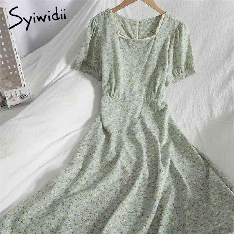 

Fashion Floral Print High Waist Dresses Women Bow Lace Up Puff Sleeve Square Collar A-line Chiffon Clothing Summer 210607, Beige