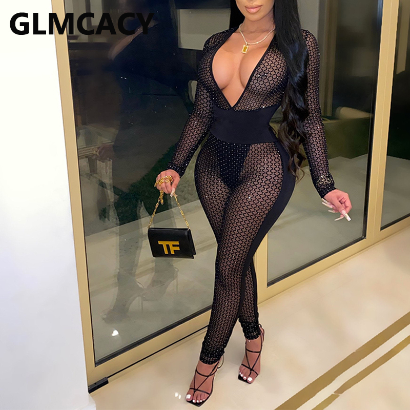 

Women Long Sleeve Mesh Jumpsuits Sexy Party Clubwear Outfits, Black
