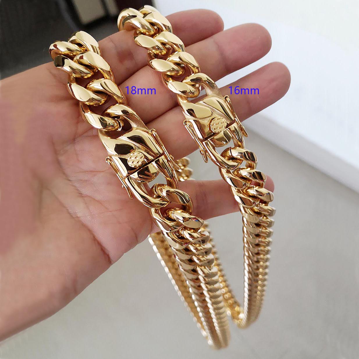 

16MM 18MM Men Hip Hop Cuban Link Necklaces Bracelets 316L Stainless Steel Choker Jewelry High Polished Casting Chains Double Safety Clasps, Gold 18mm