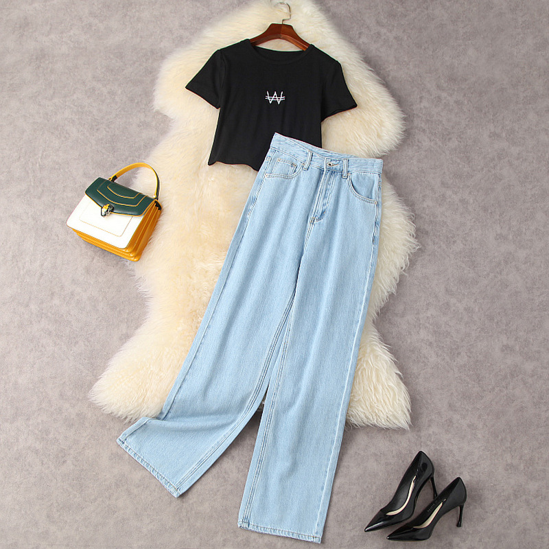 

2021 Summer Short Sleeve Round Neck Black Pure Color Embroidery T-Shirt Top + High Waist Wide Leg Trousers Jeans Pants Two Piece Suits 2 Pieces Set 21L2412400