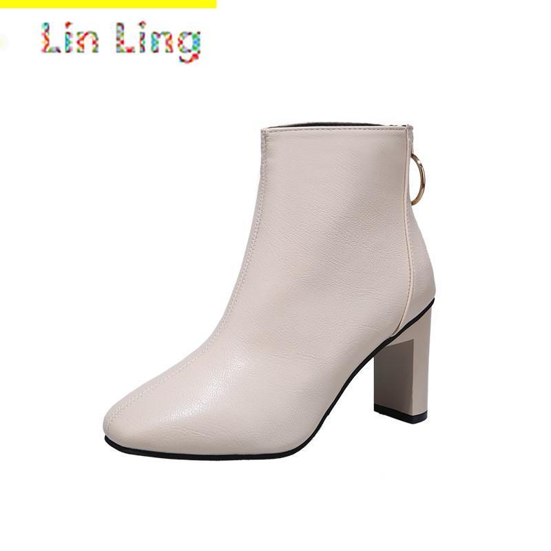 

Boots Classic High Heel For Woman Fashion Leather Women Ankle Thick Office Ladies Winter Shoes Size 34-40, Black
