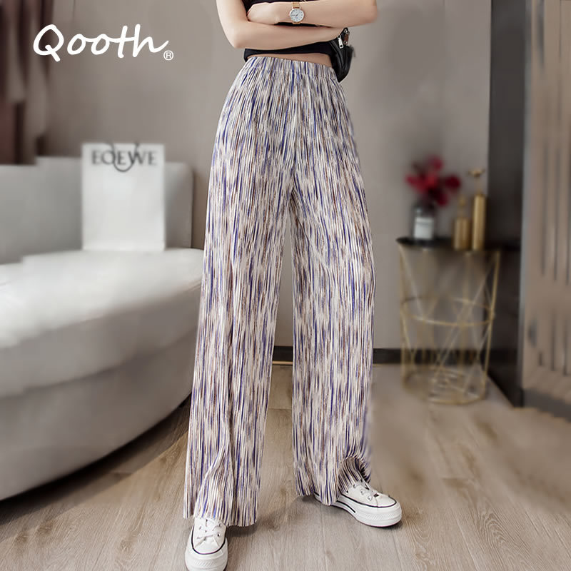 

Qooth Retro Chiffon Pleated Wide-Leg Pants Ink Dyed Women's Summer Thin Loose Drape Pants Casual Straight High Waist Pants QT608 210518, Blue