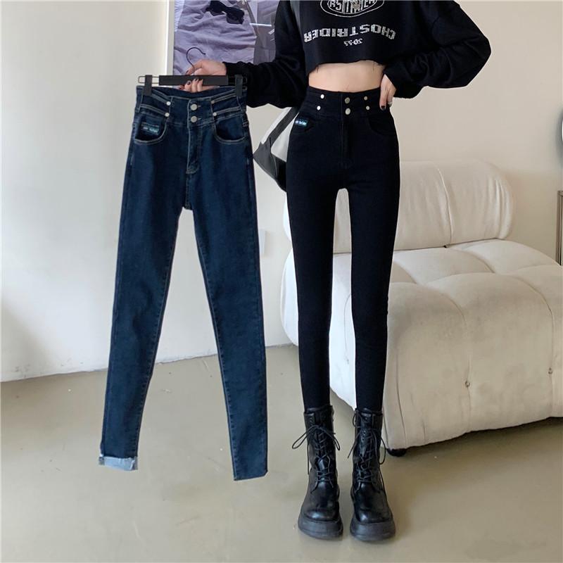 

Women's Jeans DD0569 Straight High Waist Slim Stretch Cropped Trousers, Blue