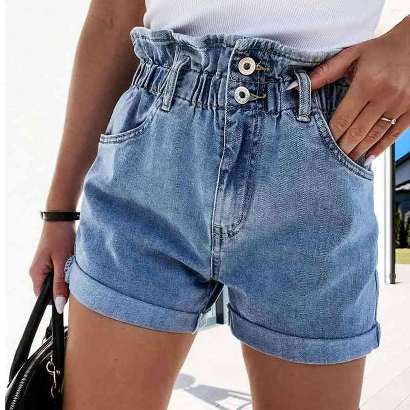 shorts Blue High Women Casual Jeans Summer All-match Elastic Waist Button Pocket Lady Straight Denim Shorts For Woman-image-678066292