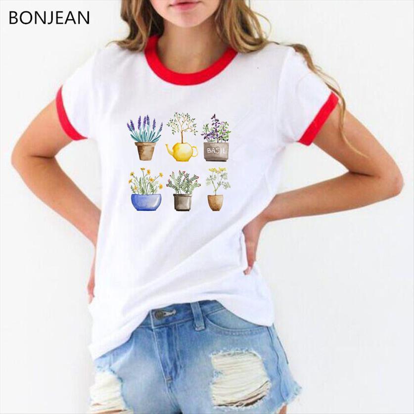 

novelty cute cactus femme women harajuku white plant pot printed female watercolor flowers tee