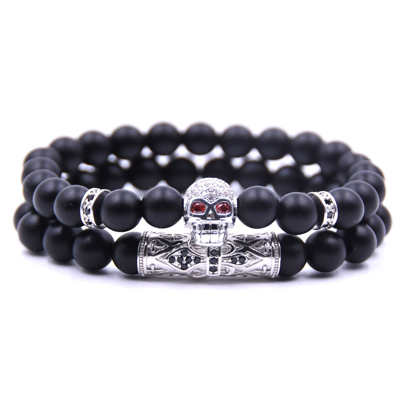 

925 Silver Plated Copper Skull Charm Balck Matt Stone Beads Strands Elastic Bracelet 2pcs/set