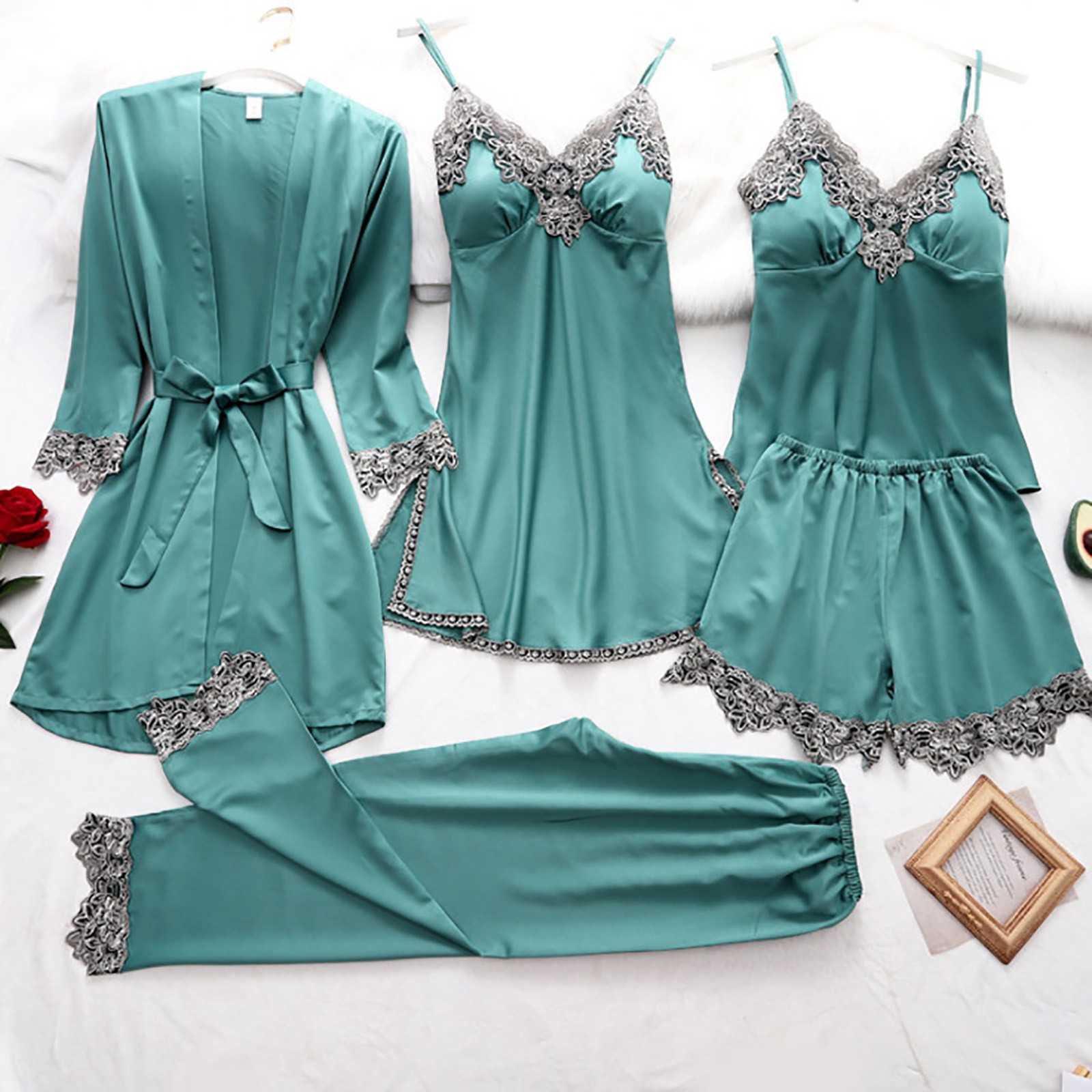 

Women Dressing Gown 5PCS Sexy Pajamas Set Garter Lingerie Set Robes Bodysuit Lace Silk Satin Pajamas Sleepwear pijama mujer g4 Q0706, As shown