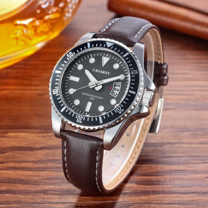 

Wristwatches Cagarny Business Fashion Trend Men's Watch Automatic Date Leather Strap Model Classic WristWatch Relogio Masculino, Brown