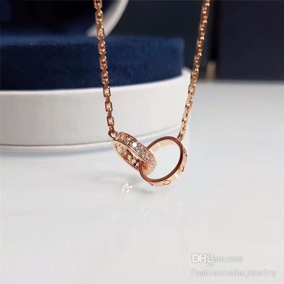 

Fashion Necklace Designer Jewelry luxury party Sterling Silver double rings diamond pendant Rose Gold necklaces for women silver 925 long chain teenage girls
