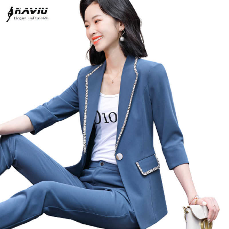 

Blue Suit Fashion Temperament Summer Formal High End Half Sleeve Slim Blazer And Pants Office Ladies Work Wear 210604, White blazer