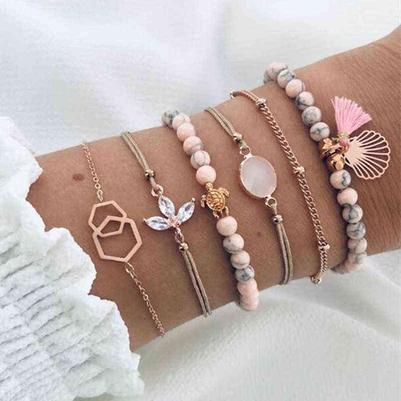 

Diezi Drop Shipping Bohemian Pink Tassel Chain Bracelet Sets for Women Turtle Shell Flower Crystal Beaded Bracelets Jewelry