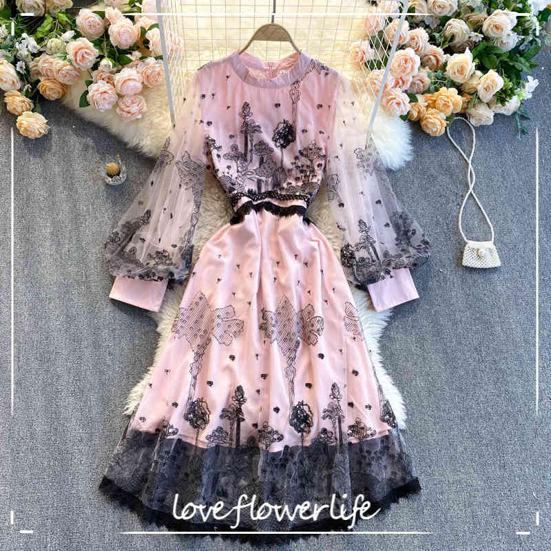 

LoveFlowerLife Spring Autumn Vintage A Line Dress Print O Neck Puff Sleeve Mid Calf Women High Waist Dresses 210521, Pink
