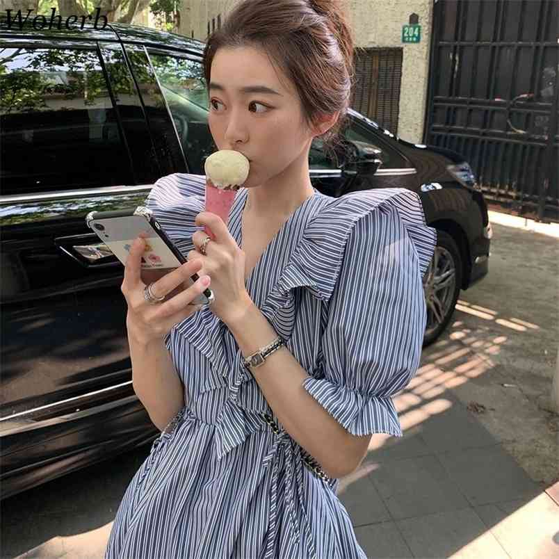 

Vintage Elegant Striped Print Bandage Dress Summer V-neck Ruffle Patch Dresses Short Sleeve Mini Robe Vestidos 210519, Stripes