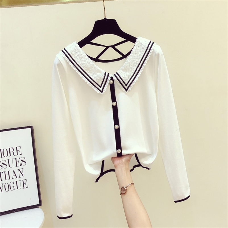 

Autumn Fashion Women's Lace Doll Collar Long Sleeves Cotton T-Shirt Short Style Tee Female Pullover Casual Tops Tees A3941 210519, Black