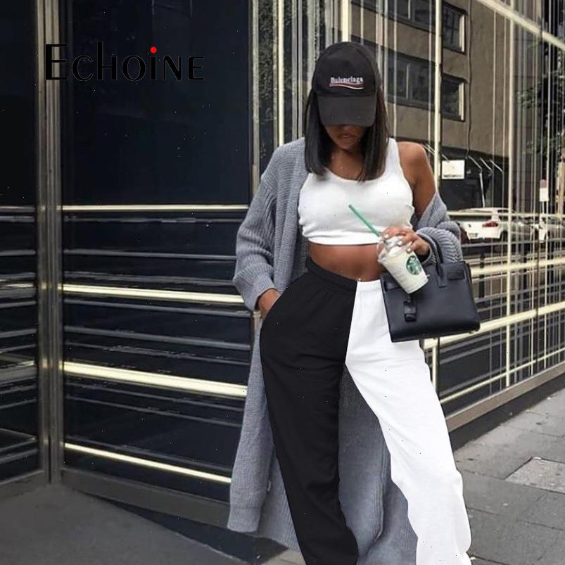 

casual cotton high waist sport womens capri patchwork joggers sweatpants fashion streetwear trousers pants plus size, Black;white