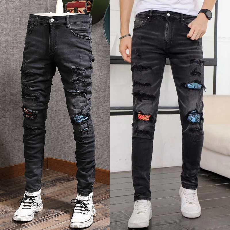 

Black Stretch Biker Jeans For Man Distressed Skinny Fitness Long Cowboy Trousers Man Big Size 38, 8160
