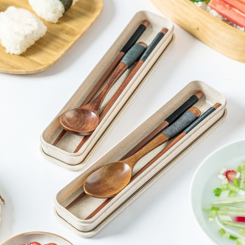 3Pcs/Set Tableware for Travel Spoon Fork Chopsticks Portable Wooden Cutlery Sets Nice Gift Japanese Style Kitchen Supplies-image-690932408