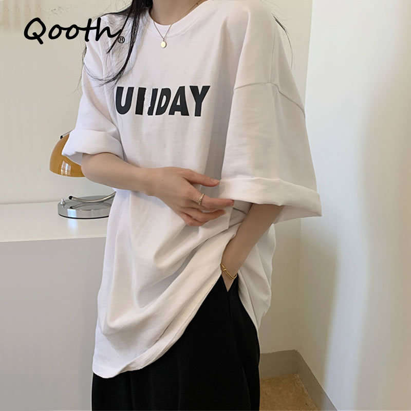 

Qooth Letter Printing Solid Short-sleeved T-shirt Womens Oversized O-Neck Loose Causal Tops All Match Mid-Length T-shirt QT635 210518, Black