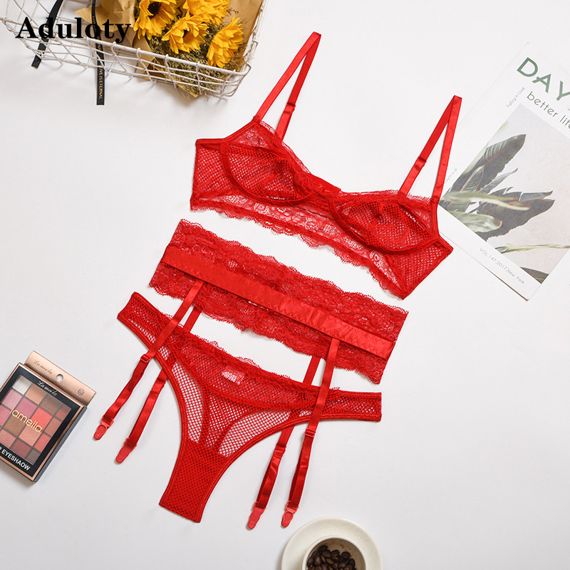 

Aduloty New womens lace mesh cross strap garter belt three-piece split underwear set wire free perspective sexy bra panty set, Red