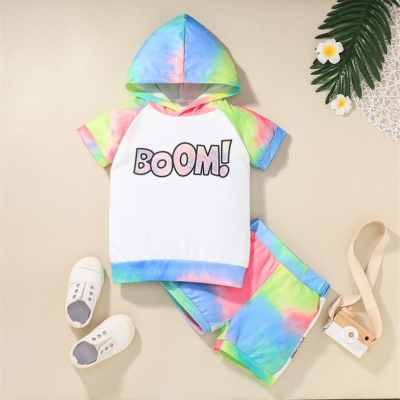 

Summer Children Sets Casual Short Sleeve Letter Patchwork Hoodies Tie-dye Shorts 2Pcs Girl Boys Clothes 18M-6T 210629, Multi