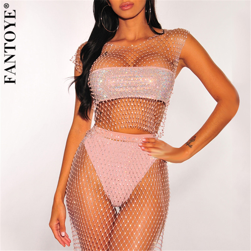

Women's Swimwear Sexy Fishnet Diamond Beach Cover Up Dress Women Bikini Crystal Two Piece Set Crochet Mesh Swimsuit 2K2T, White