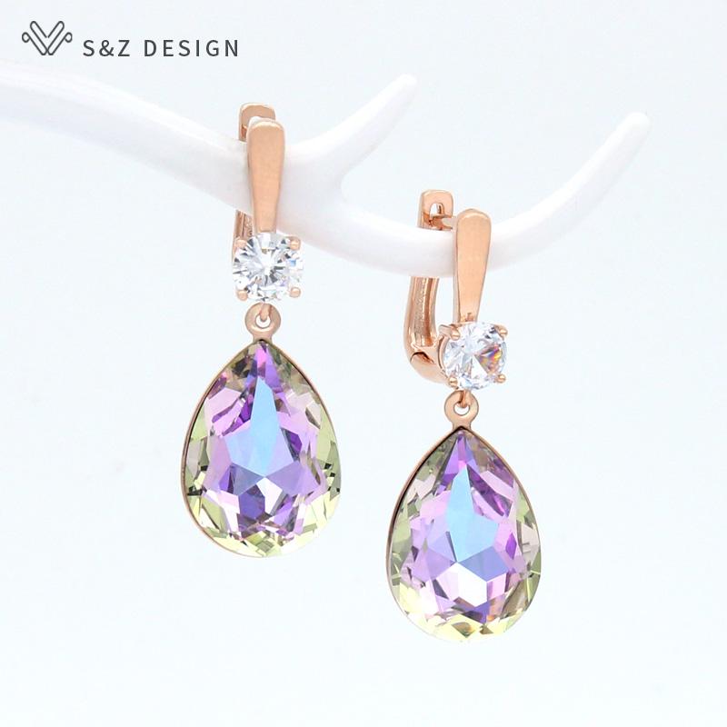 

Dangle & Chandelier S&Z DESIGN Korean Fashion Colorful Water Drop Crystal Earrings For Women Wedding Jewelry 585 Rose Gold Zirconia Eardrop, Silver