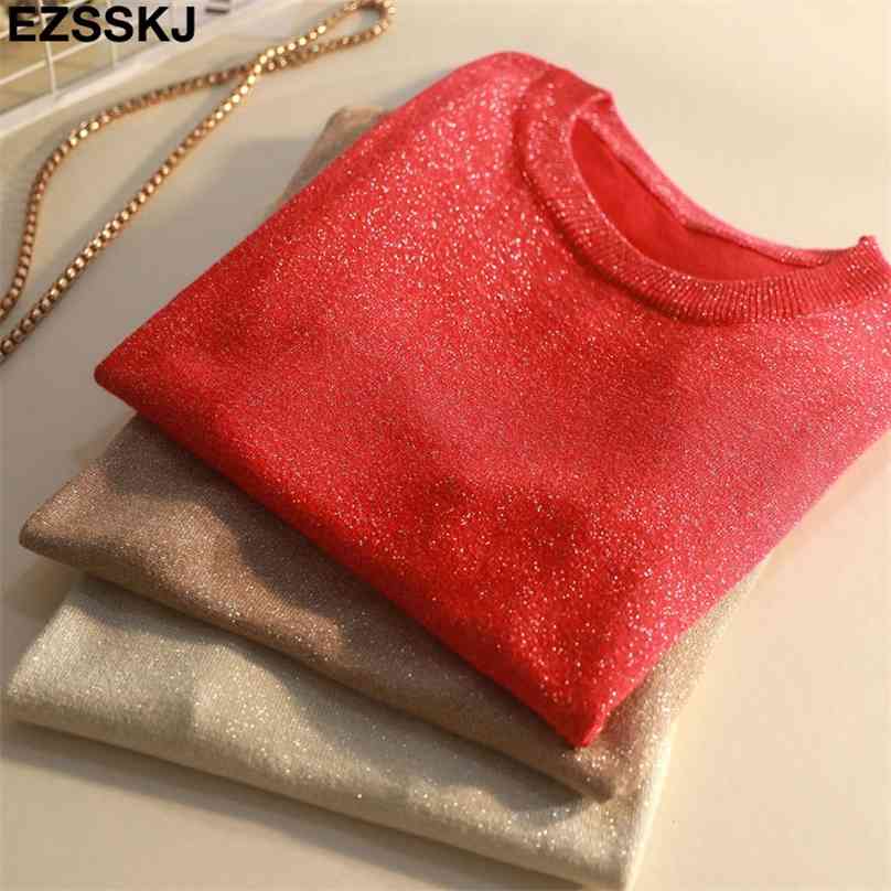 

Summer Glitter T Shirt Women bling Knitted loose Short Sleeves op O-Neck shiny shirt Slim Kintwear Female -shirt 210720, Grayblue